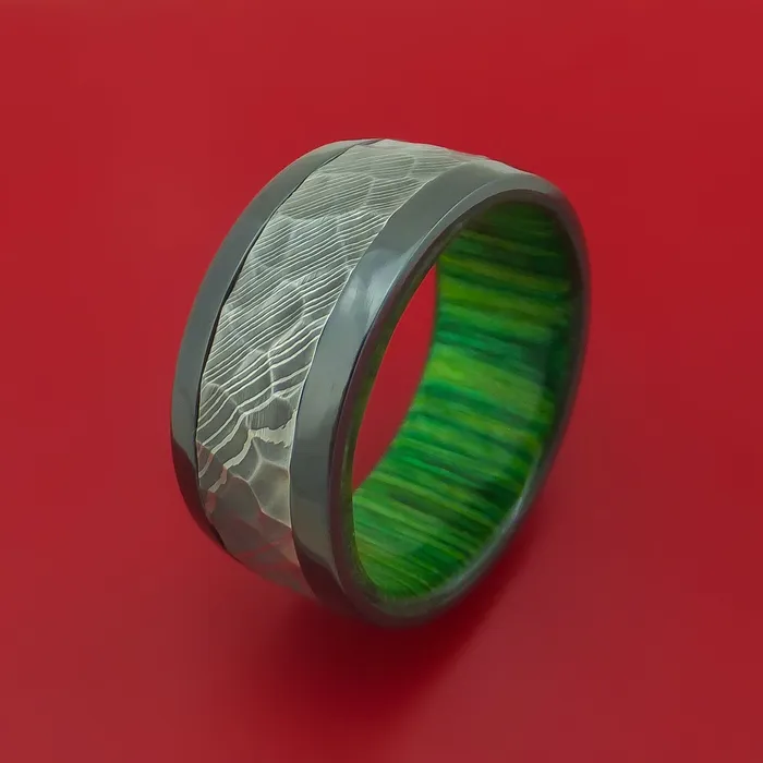 Lashbrook Wide Black Zirconium Ring with Damascus Steel Inlay and Interior Hardwood Sleeve Custom Made Band Rings