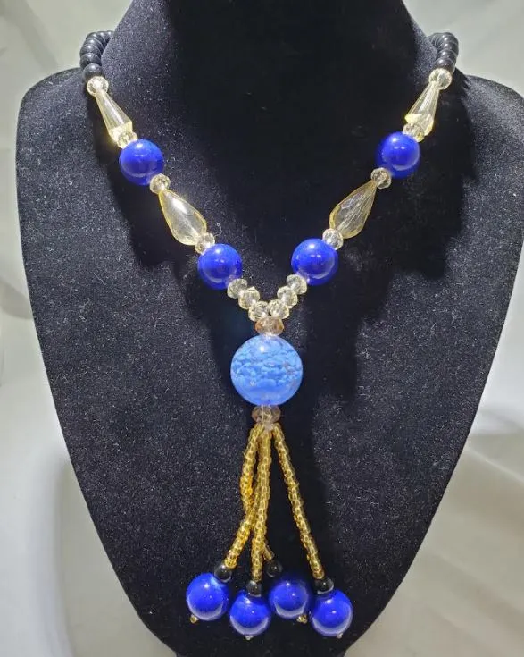 Necklaces polly N336 Black Bead Royal Blue Marble Glass Long Necklace With Free Earrings Necklaces polly N336 Black Bead Royal Blue Marble Glass Long Necklace With Free Earrings