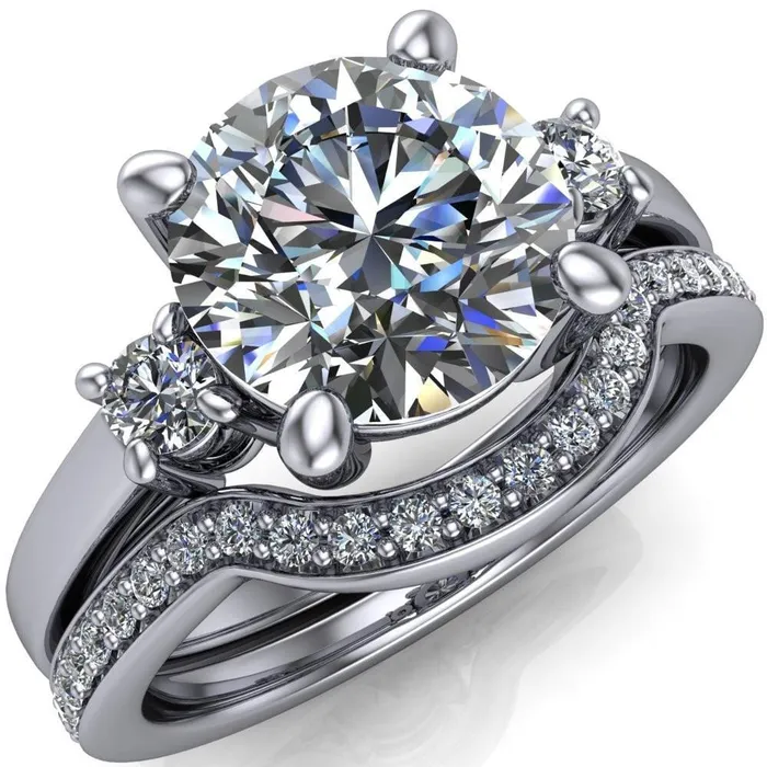 Rings Fire Brilliance Violet Round Center Stone 4 Prong Diamond Side Cathedral Ring Rings Fire Brilliance Violet Round Center Stone 4 Prong Diamond Side Cathedral Ring