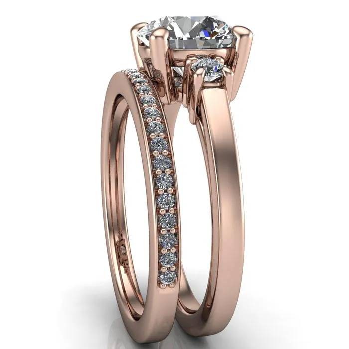 Rings Fire Brilliance Violet Round Center Stone 4 Prong Diamond Side Cathedral Ring