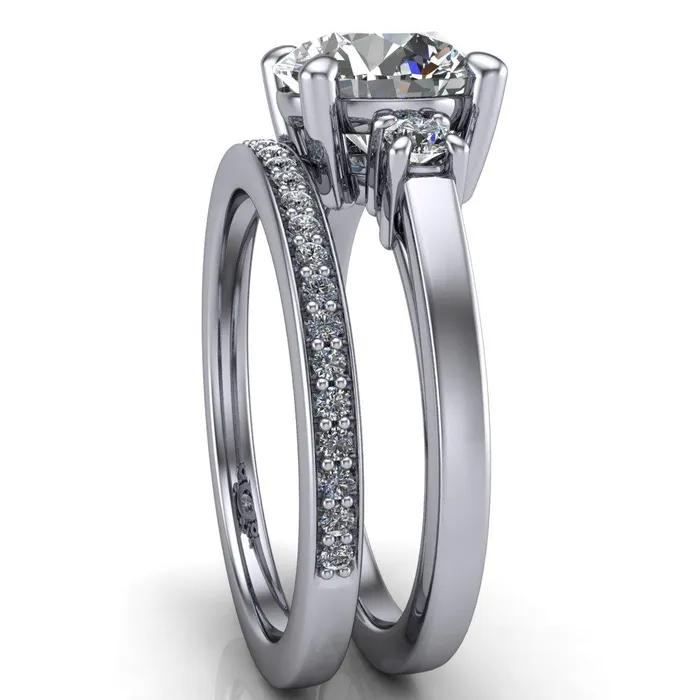 Rings Fire Brilliance Violet Round Center Stone 4 Prong Diamond Side Cathedral Ring
