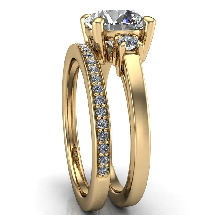 Rings Fire Brilliance Violet Round Center Stone 4 Prong Diamond Side Cathedral Ring