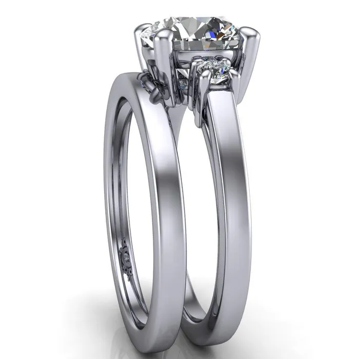 Rings Fire Brilliance Violet Round Center Stone 4 Prong Diamond Side Cathedral Ring
