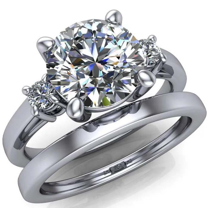 Rings Fire Brilliance Violet Round Center Stone 4 Prong Diamond Side Cathedral Ring