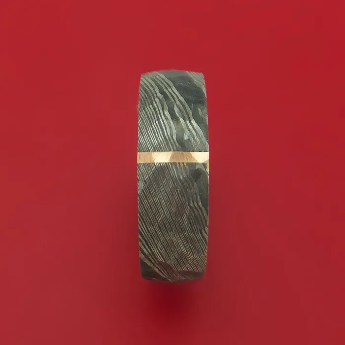 Rings Hammered Damascus Steel Ring with 14k Rose Gold Inlay and Interior Hardwood Sleeve Custom Made Band Lashbrook Rings Hammered Damascus Steel Ring with 14k Rose Gold Inlay and Interior Hardwood Sleeve Custom Made Band Lashbrook