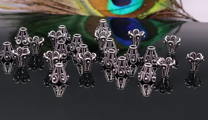 TRIBAL ORNAMENTS Necklaces Lot 10 pieces Antique design handmade 925 sterling silver caps for loose beads for jewelry making ideas bd06