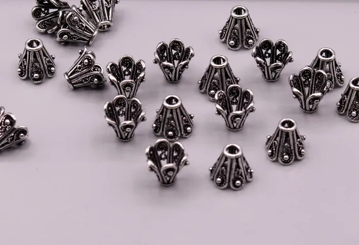 TRIBAL ORNAMENTS Necklaces Lot 10 pieces Antique design handmade 925 sterling silver caps for loose beads for jewelry making ideas bd06