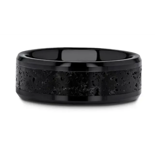 Black Ceramic 6mm Band with Gray Lava Rock Inlay Mens Bands Rings
