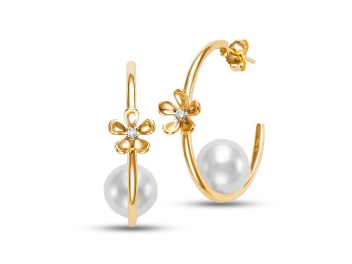 Croghans Earrings Floating Freshwater Pearl Diamond Flower 14K Gold Hoop Earrings Croghans Earrings Floating Freshwater Pearl Diamond Flower 14K Gold Hoop Earrings