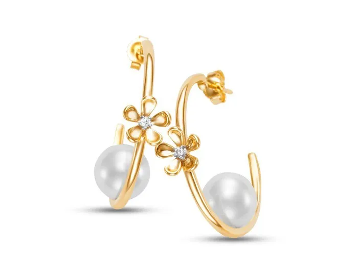 Croghans Earrings Floating Freshwater Pearl Diamond Flower 14K Gold Hoop Earrings