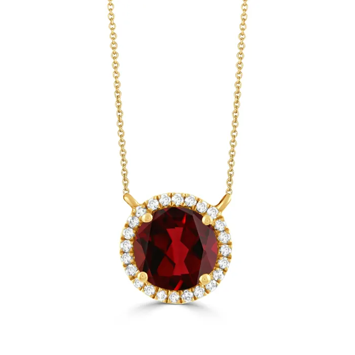 Croghans Necklaces Garnet Diamond Halo 18K Yellow Gold Necklace