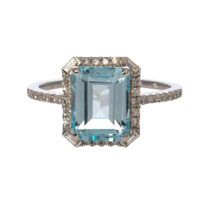 Croghans Rings Emerald Cut Blue Topaz Diamond 14K White Gold Ring