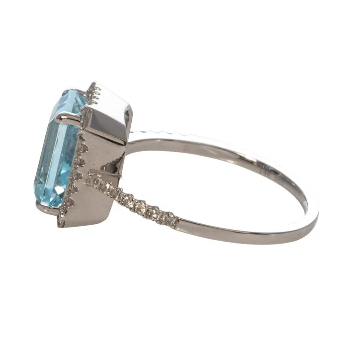 Croghans Rings Emerald Cut Blue Topaz Diamond 14K White Gold Ring