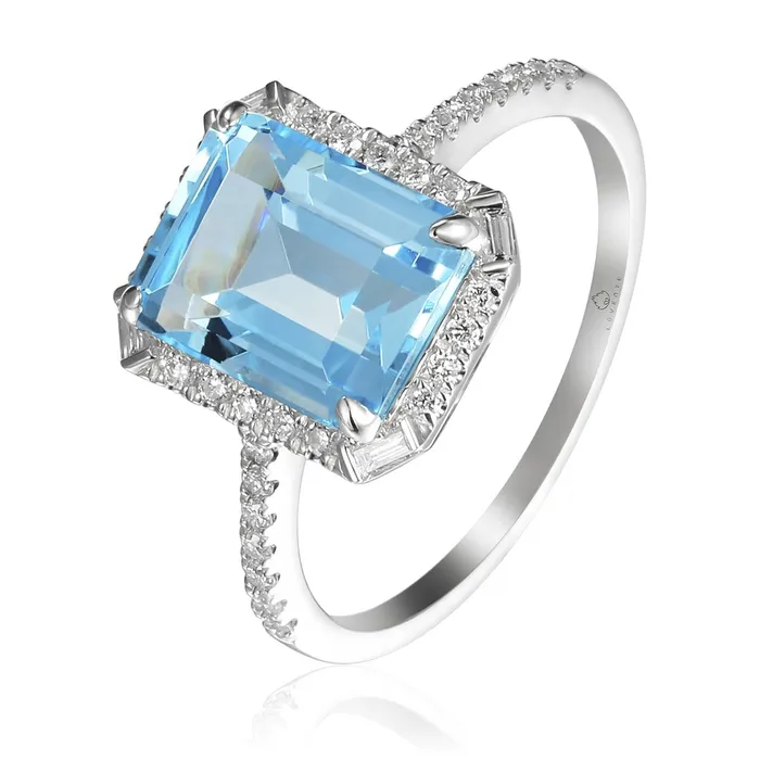 Croghans Rings Emerald Cut Blue Topaz Diamond 14K White Gold Ring