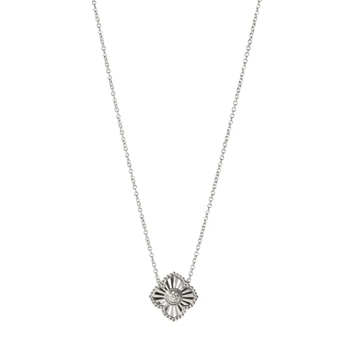 Diamond 14K White Gold Fluted Quatrefoil Pendant Necklace Croghans Necklaces