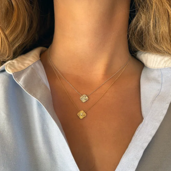 Diamond 14K White Gold Fluted Quatrefoil Pendant Necklace Croghans Necklaces