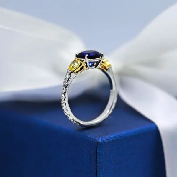 Diamond Source NYC Rings Elegant Engagement Ring with 200ct Center Blue Sapphire and two Diamonds ENG12503
