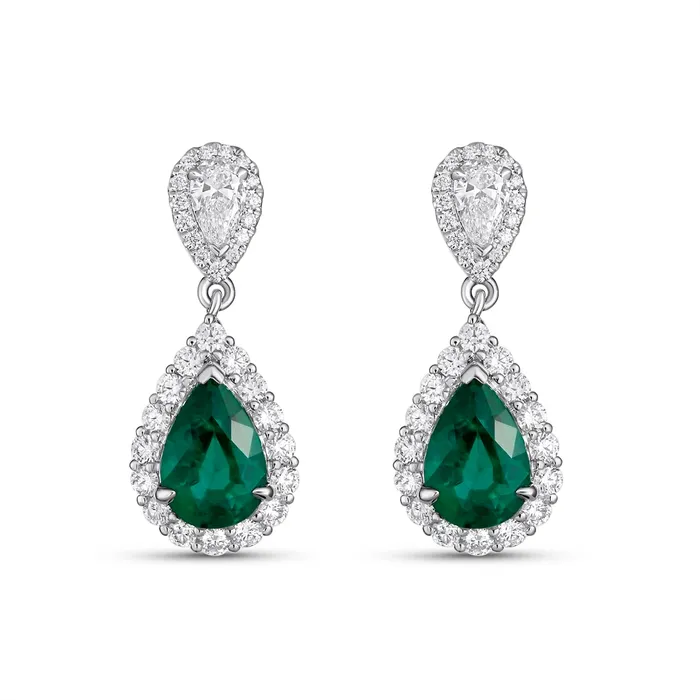 Earrings Meierotto Jewelers 18K White Gold Pear Shape Emerald and Diamond Dangle Earrings Earrings Meierotto Jewelers 18K White Gold Pear Shape Emerald and Diamond Dangle Earrings