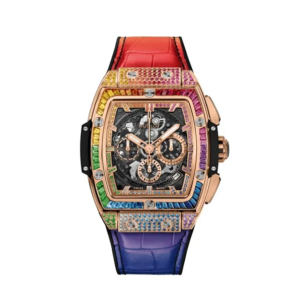 Hublot Watches Hublot Spirit of Big Bang King Gold Rainbow 42mm Watch Ref 641OX0110LR0999 Skeleton Dial Gemstone Bezel in 18K Rose Gold Case Rainbow Leather Strap Hublot Watches Hublot Spirit of Big Bang King Gold Rainbow 42mm Watch Ref 641OX0110LR0999 Skeleton Dial Gemstone Bezel in 18K Rose Gold Case Rainbow Leather Strap