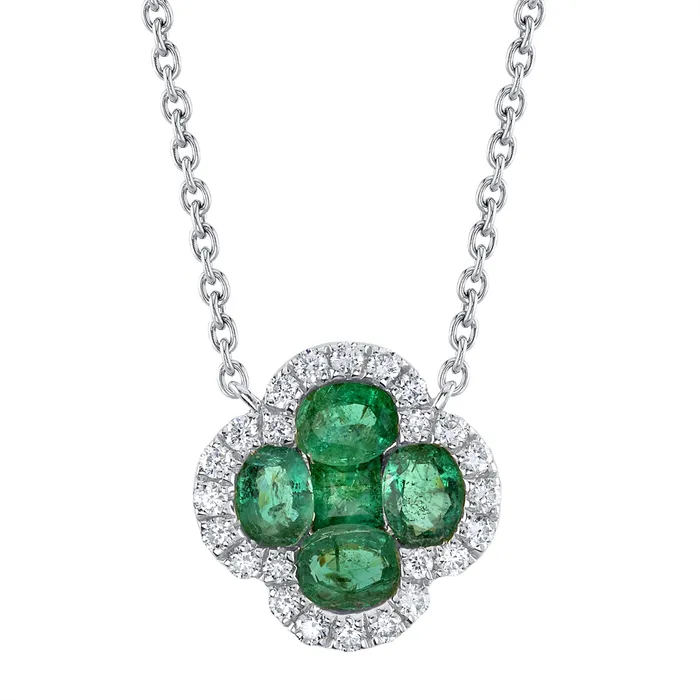 Meierotto Jewelers Necklaces 14K White Gold Emerald and Diamond Clover Necklace Meierotto Jewelers Necklaces 14K White Gold Emerald and Diamond Clover Necklace