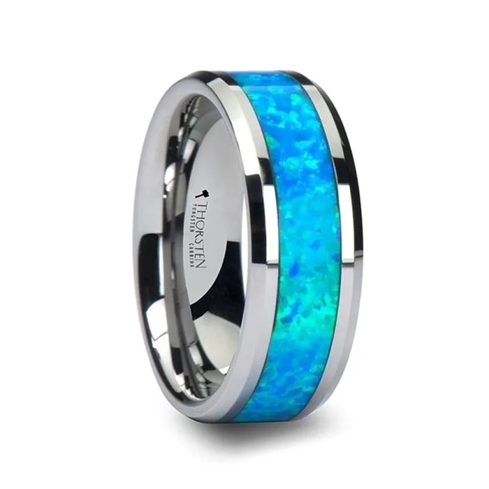 Mens Bands Rings Tungsten Band with Blue Green Opal Inlay