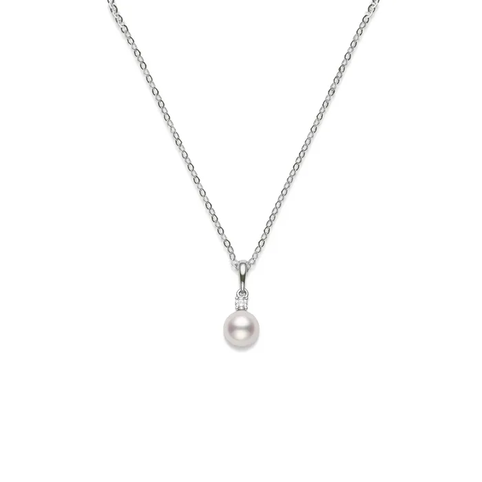 Mikimoto 18K White Gold Necklace with Cultured White Pearl Diamond Pendant Mikimoto Necklaces