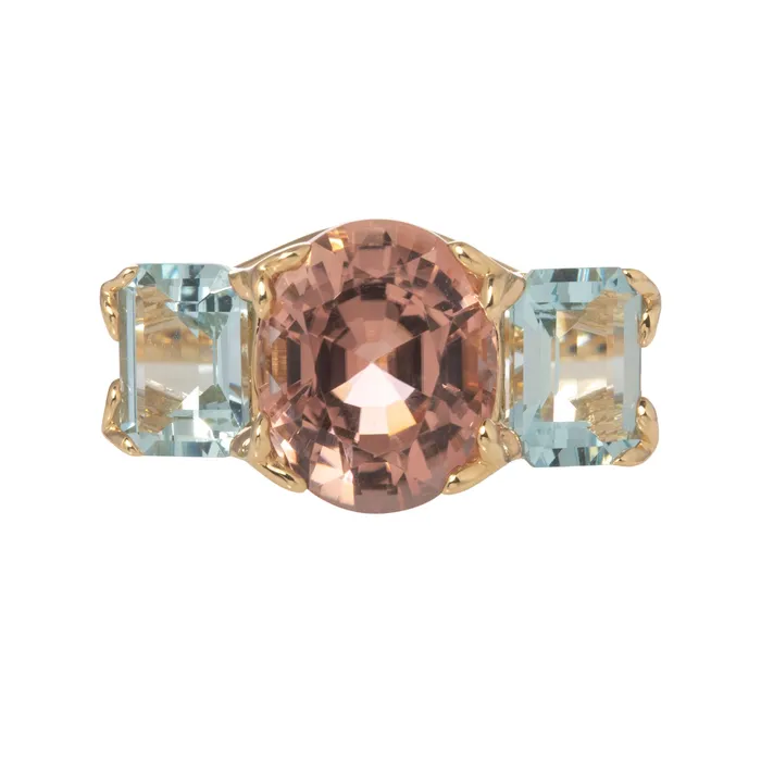Mini Collection Pink Tourmaline Aquamarine 14K Gold River Ring Rings