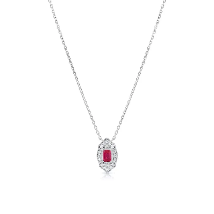 Necklaces CJ Charles Jewelers 14K White Gold Ruby Diamond Art Deco Design Pendant Necklace Necklaces CJ Charles Jewelers 14K White Gold Ruby Diamond Art Deco Design Pendant Necklace