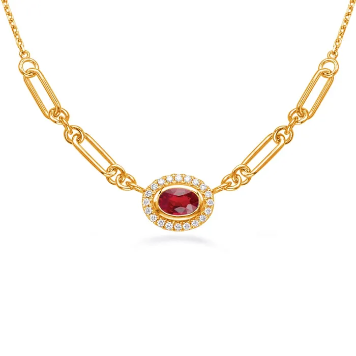 Necklaces Meierotto Jewelers 14K Yellow Gold East to West Bezel Set Oval Ruby with Diamond Halo Necklace Necklaces Meierotto Jewelers 14K Yellow Gold East to West Bezel Set Oval Ruby with Diamond Halo Necklace