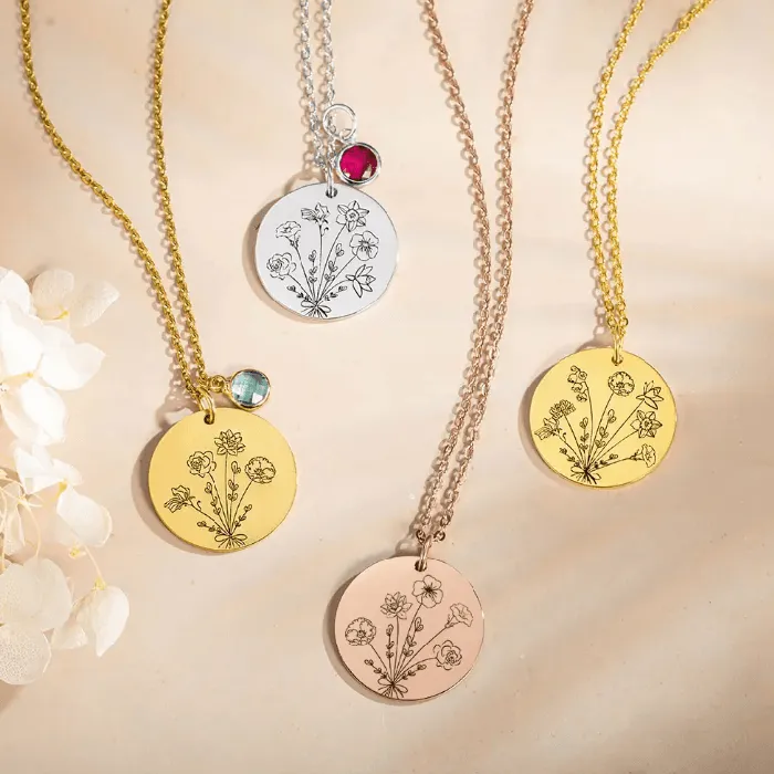 Necklaces Personalized Family Birth Flower Bouquet Necklace Custom Engraved Birth Month Flowers Birthstones Ideal Mothers Day Gift for Mom Belbren