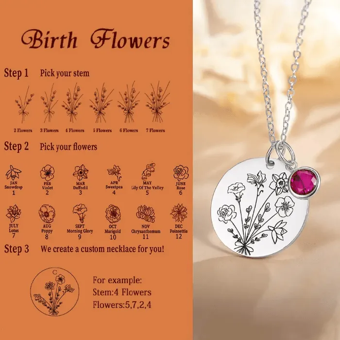 Necklaces Personalized Family Birth Flower Bouquet Necklace Custom Engraved Birth Month Flowers Birthstones Ideal Mothers Day Gift for Mom Belbren