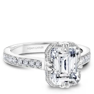 Noam Carver Rings 14K White Gold Semi Mount Diamond Ring with Beaded Halo and Hidden Rectangle Halo Noam Carver Rings 14K White Gold Semi Mount Diamond Ring with Beaded Halo and Hidden Rectangle Halo