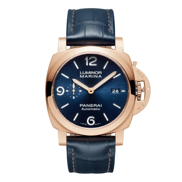 Panerai Watches Panerai Luminor Marina 44mm Watch Ref PAM01112 Blue Index Dial in 18K Rose Gold Case Blue Alligator Leather Strap Panerai Watches Panerai Luminor Marina 44mm Watch Ref PAM01112 Blue Index Dial in 18K Rose Gold Case Blue Alligator Leather Strap