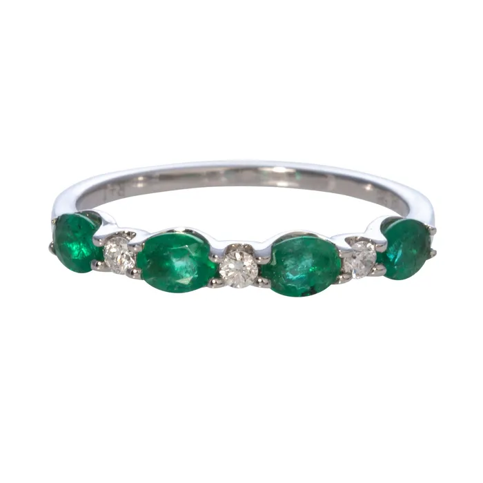 Rings Croghans Oval Emerald Round Diamond 14K White Gold Band