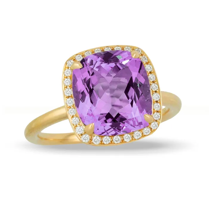 Rings Doves Doves 18K Yellow Gold Cushion Amethyst with Diamond Halo Ring Rings Doves Doves 18K Yellow Gold Cushion Amethyst with Diamond Halo Ring