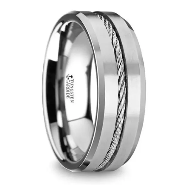 Rings Mens Bands Tungsten 8mm Band with Steel Wire Cable Inlay