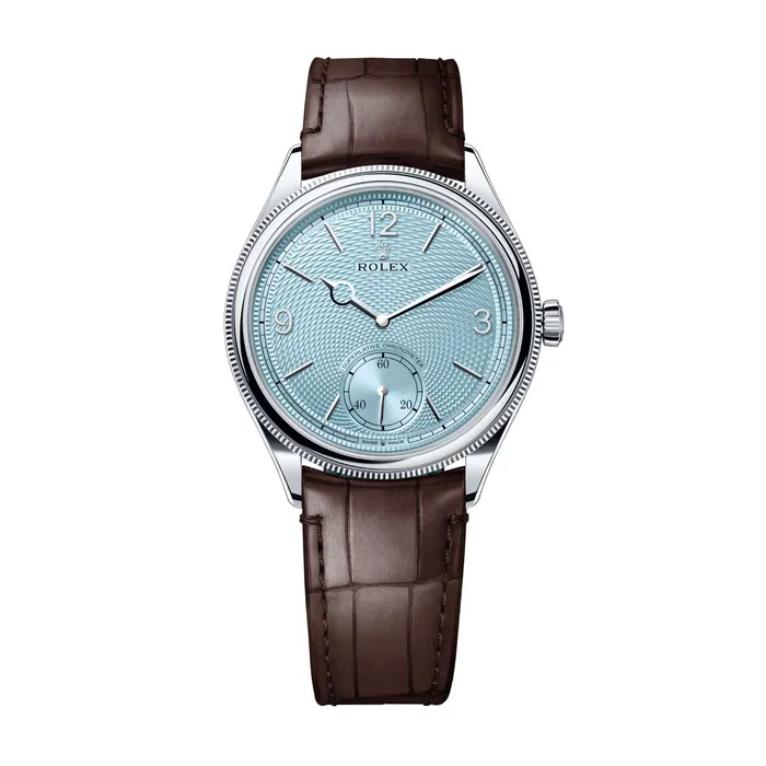 Rolex 1908 39mm Ref 525060002 Ice Blue Guilloche RiceGrain Motif Dial Platinum Case Brown Alligator Leather Strap Watch Rolex Watches Rolex 1908 39mm Ref 525060002 Ice Blue Guilloche RiceGrain Motif Dial Platinum Case Brown Alligator Leather Strap Watch Rolex Watches