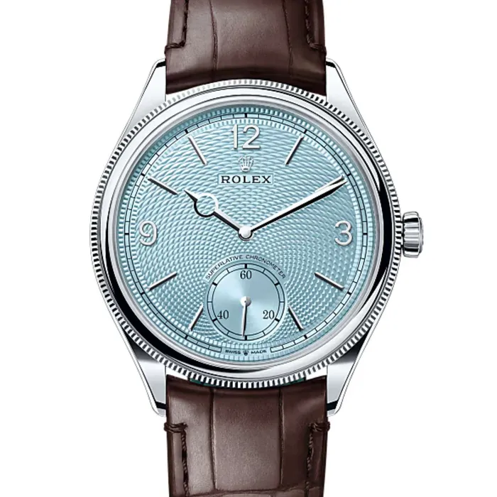 Rolex 1908 39mm Ref 525060002 Ice Blue Guilloche RiceGrain Motif Dial Platinum Case Brown Alligator Leather Strap Watch Rolex Watches