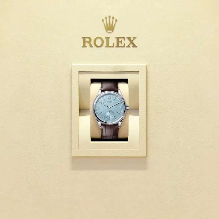 Rolex 1908 39mm Ref 525060002 Ice Blue Guilloche RiceGrain Motif Dial Platinum Case Brown Alligator Leather Strap Watch Rolex Watches