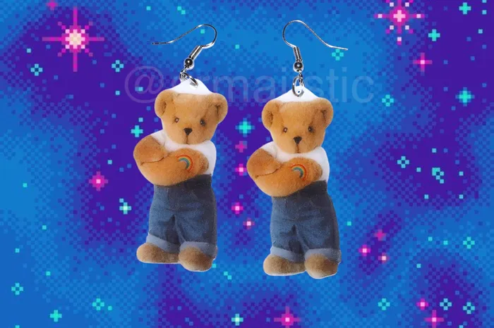 Sam Makes Things Earrings Vermont Teddy Bear Butch Lesbian Character with Rainbow Tattoo Handmade Earrings Sam Makes Things Earrings Vermont Teddy Bear Butch Lesbian Character with Rainbow Tattoo Handmade Earrings