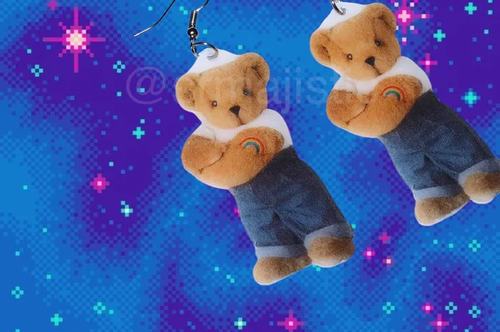 Sam Makes Things Earrings Vermont Teddy Bear Butch Lesbian Character with Rainbow Tattoo Handmade Earrings