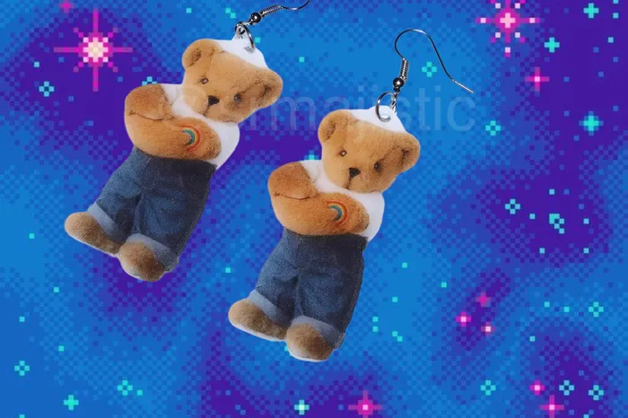 Sam Makes Things Earrings Vermont Teddy Bear Butch Lesbian Character with Rainbow Tattoo Handmade Earrings