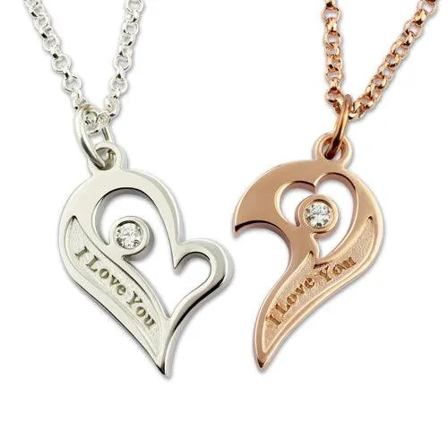 Sterling Silver Shared Heart Necklace for Couples Custom Engraved with Birthstones Matching Pendant Set Belbren Necklaces