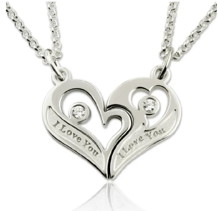 Sterling Silver Shared Heart Necklace for Couples Custom Engraved with Birthstones Matching Pendant Set Belbren Necklaces