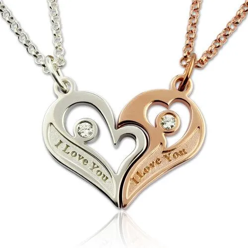 Sterling Silver Shared Heart Necklace for Couples Custom Engraved with Birthstones Matching Pendant Set Belbren Necklaces