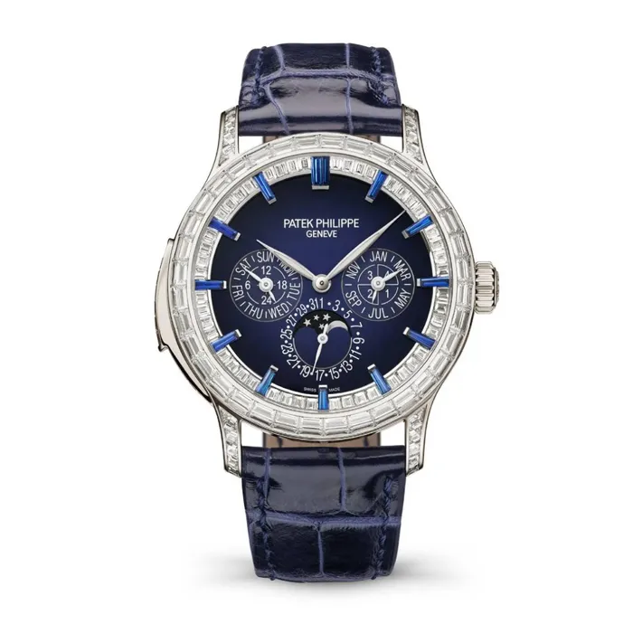 Watches Patek Philippe Patek Philippe Grand Complications 42mm Watch Ref 5374300P001 Black MoonPhase Diamond Sapphire Dial Bezel Case in Platinum Shiny Dusk Blue Alligator Strap Watches Patek Philippe Patek Philippe Grand Complications 42mm Watch Ref 5374300P001 Black MoonPhase Diamond Sapphire Dial Bezel Case in Platinum Shiny Dusk Blue Alligator Strap