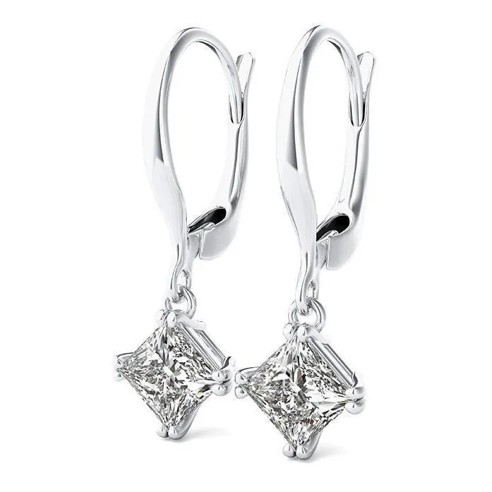 2 Carats E Vvs1 Princess Cut Natural Earth Mined Diamond Earrings Leverback Eurowire 14K White Gold GB Earrings