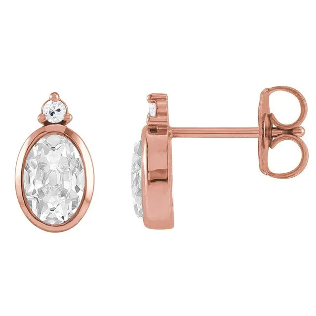 2 Stone Natural Earth Mined Diamond Oval Old Miner Round Drop Earrings 9 Ct Bezel Set HarryChadEntcom Earrings