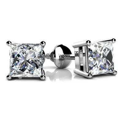 4 Ct Princess Cut Natural Earth Mined Diamond Stud Earring 14K White Gold New GB Earrings