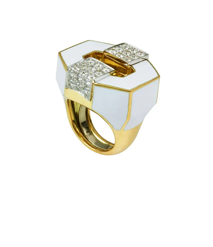 David Webb Rings Buckle Ring White Enamel